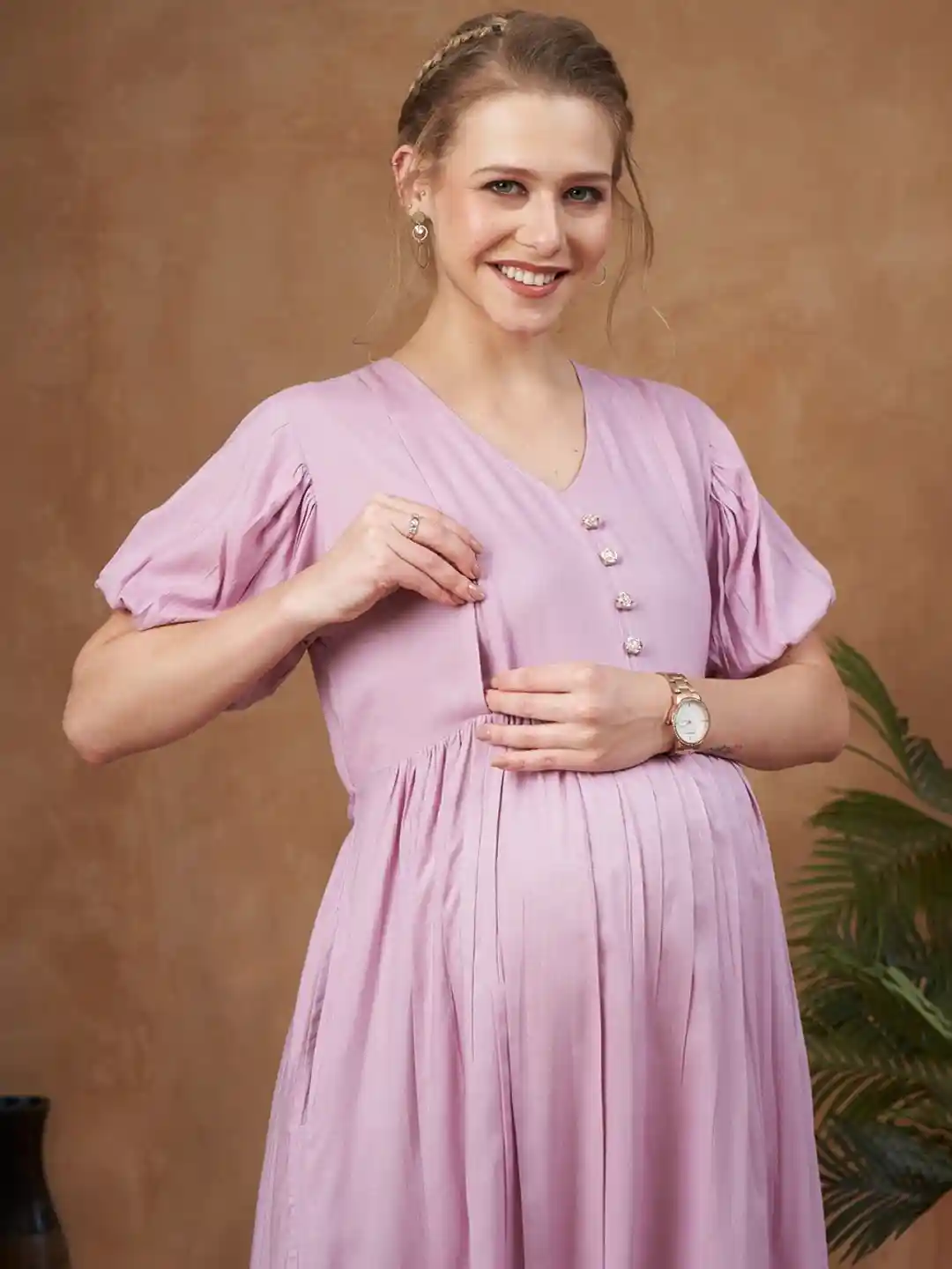 LOVELY MOM'S Maternity V-Neck A-Line Midi Dress