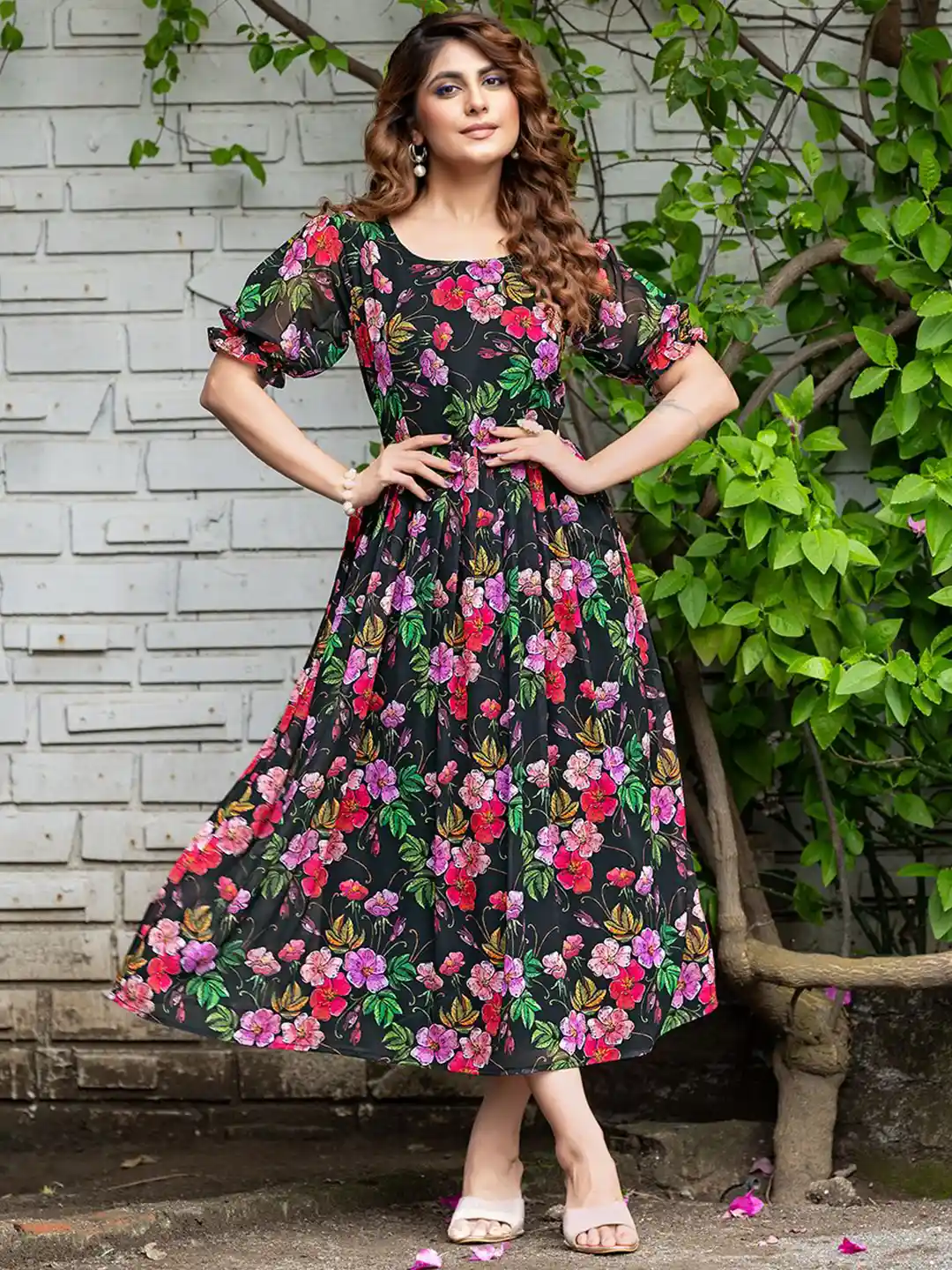 LONDON BELLY Floral Print Georgette Fit Flare Midi Dress
