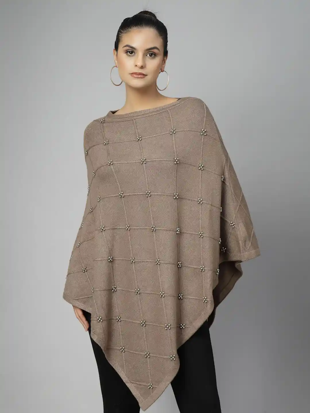 Buy Mafadeny Boat Neck Beaded Grid Design Poncho Sweaters for