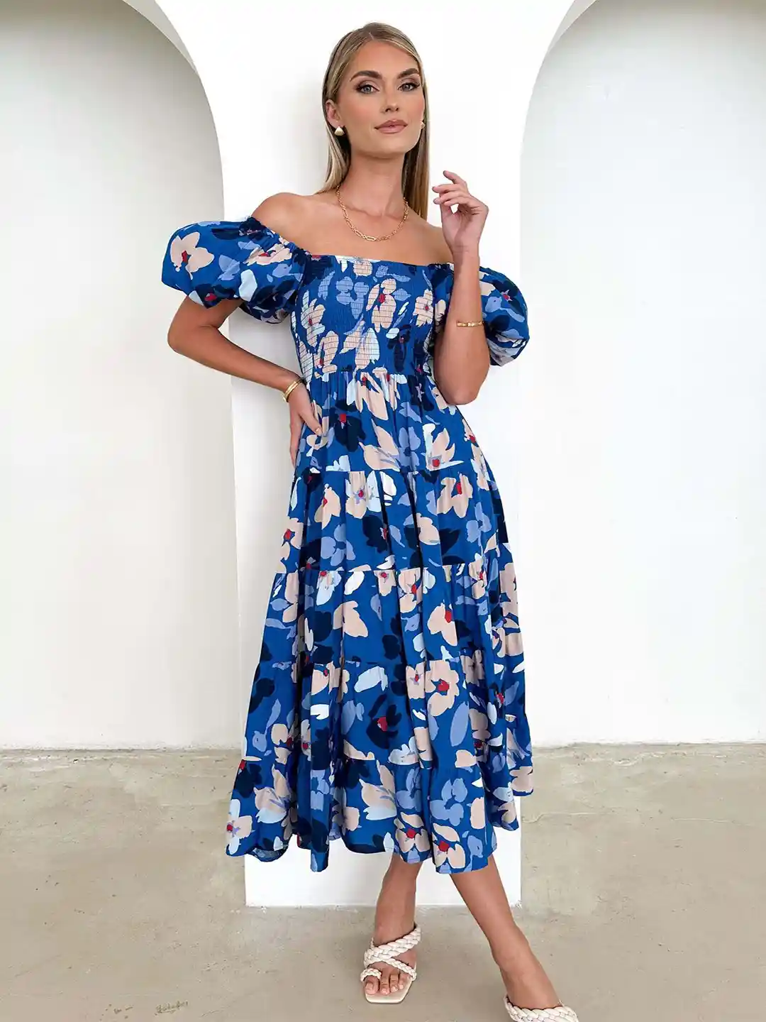 Buy StyleCast Floral Print Off-Shoulder Puff Sleeve Smocked Tiered