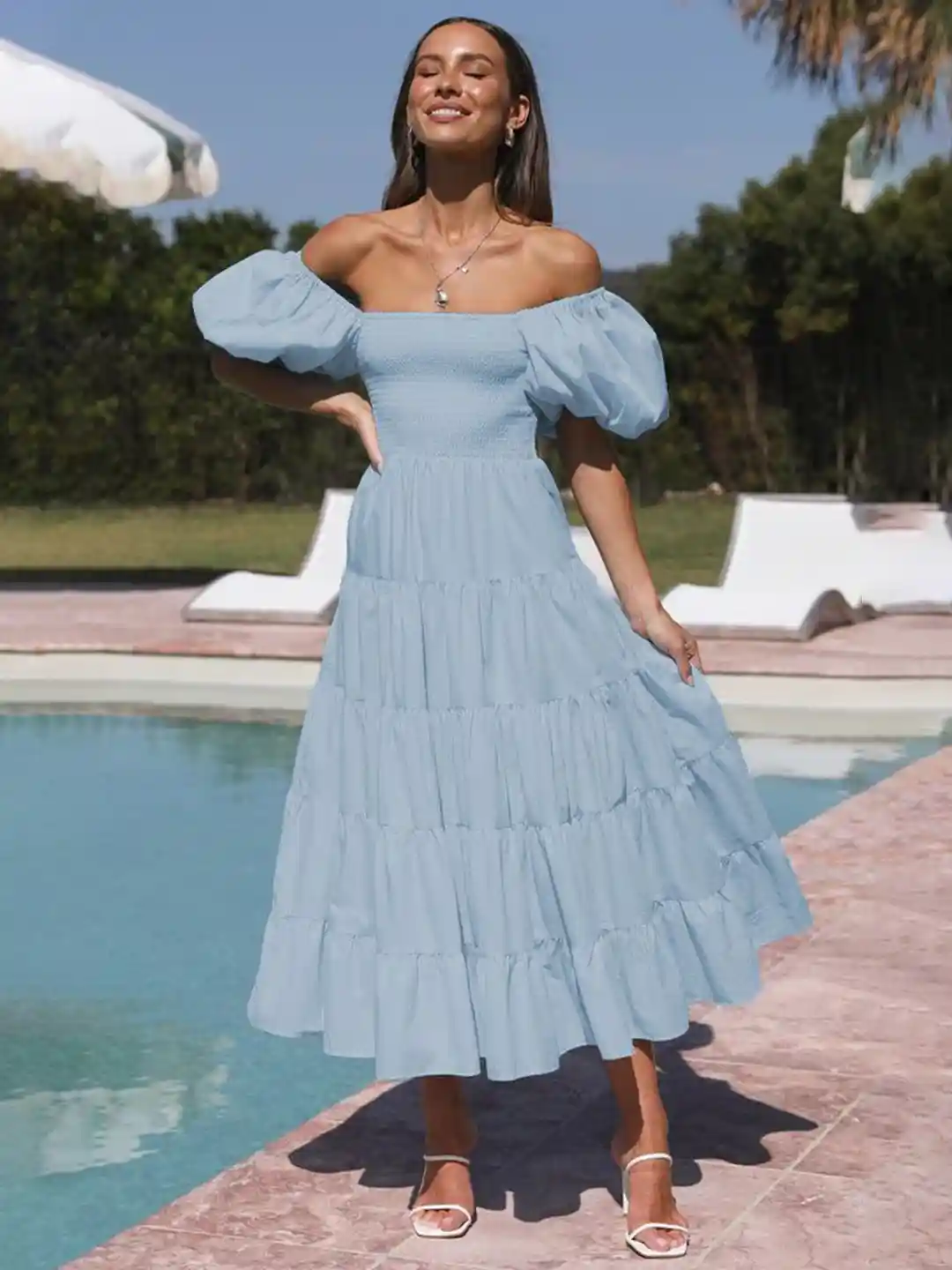 StyleCast Women Off-Shoulder Puff Sleeve Midi Dress