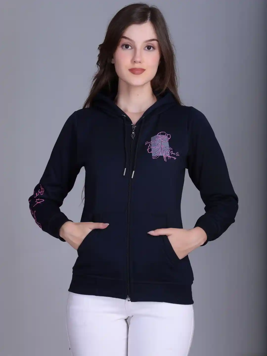 Buy Roadster Women Printed Blue Zip-Up Hoodie Sweatshirt