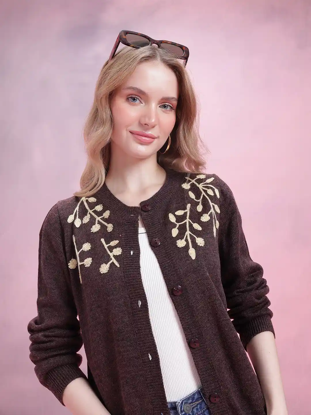 DressBerry Floral Embroidered Round Neck Acrylic Button-Down Cardigan