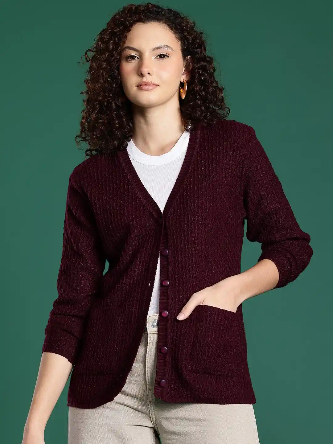 Roadster Women Burgundy Cable Knit V-Neck Button-Down Cardigan