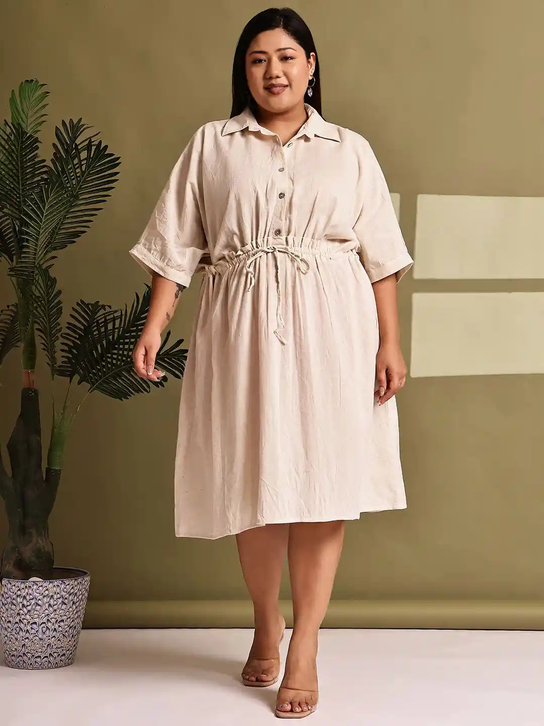 theRebelinme Women Plus Size Kimono Sleeve Linen A-Line Midi Dress