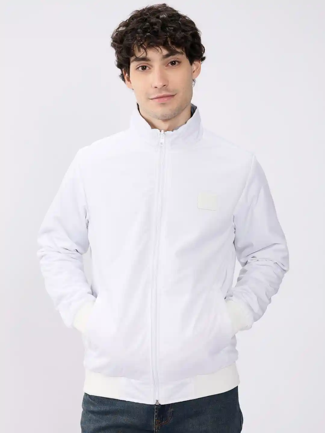 SPYKAR Men White Solid Straight Fit Polyester Long Sleeves Casual Jackets