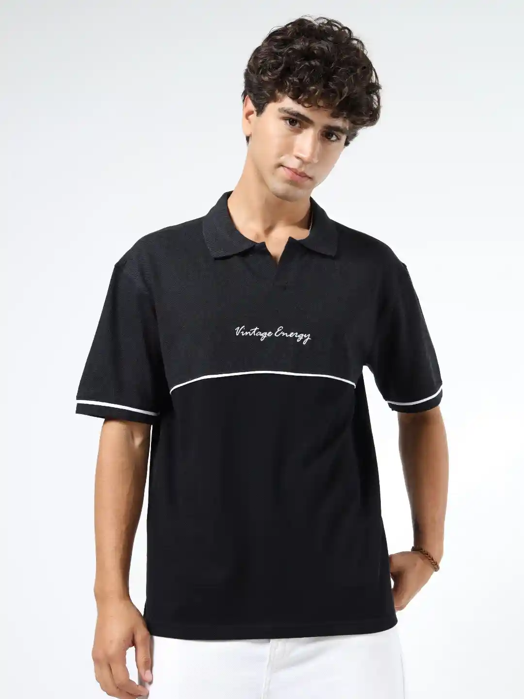 glitchez Men Typography Printed Polo Collar Relaxed Fit T-shirt