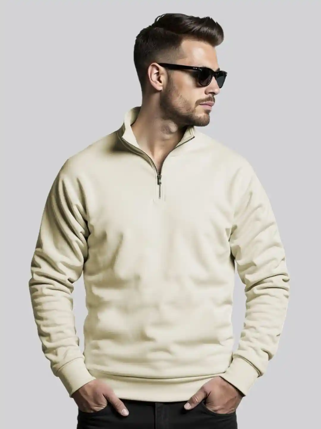Fashion And Youth Men Half Zipper High Neck Long Sleeve Ivory Sweatshirt