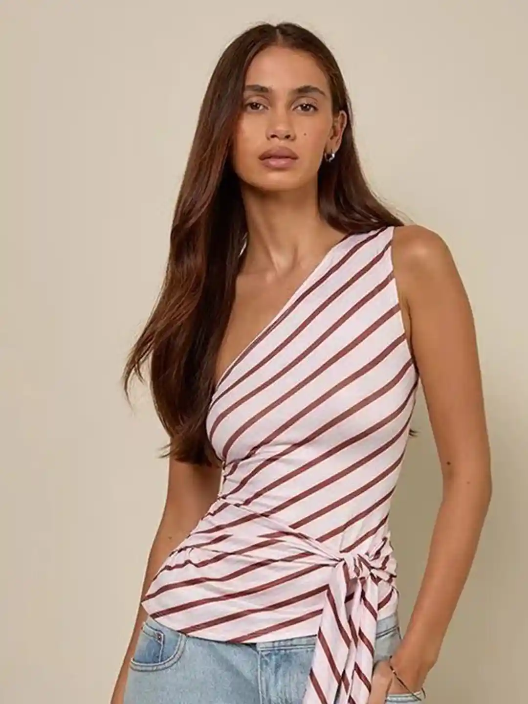 LULU SKY Striped One Shoulder Fitted Top