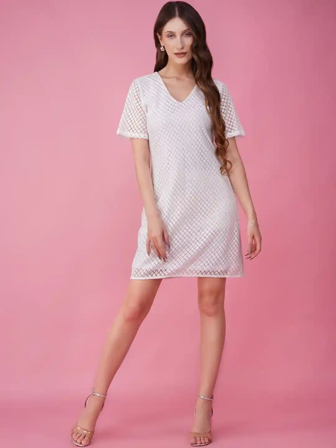 HERE&NOW Self Design Shift Lace Dress - Main Image