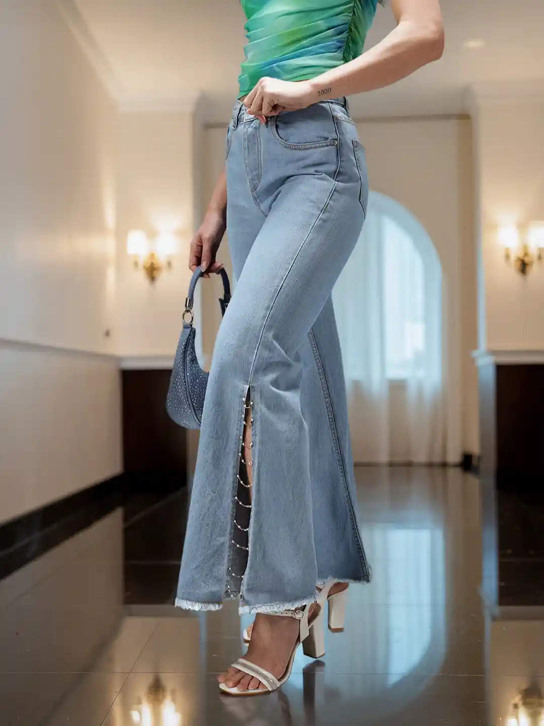 bebe Women Denim Daze Beaded High-Rise Wide Leg Jeans with High Slits