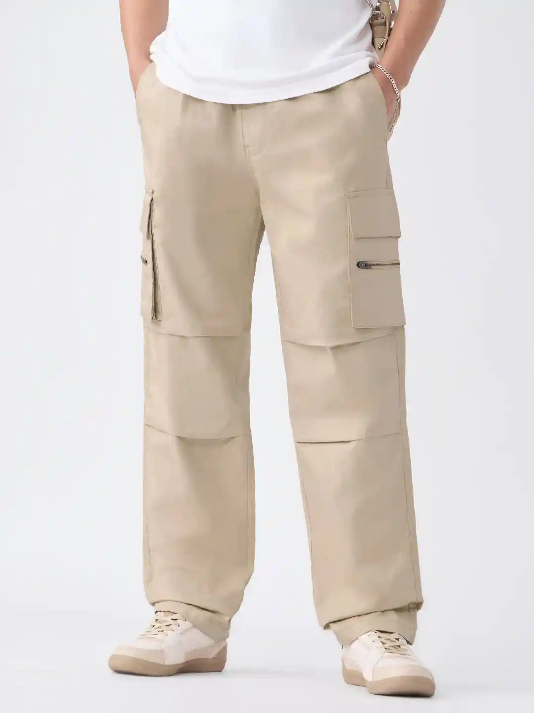 The Souled Store Men Creamy Beige Cargo Pants