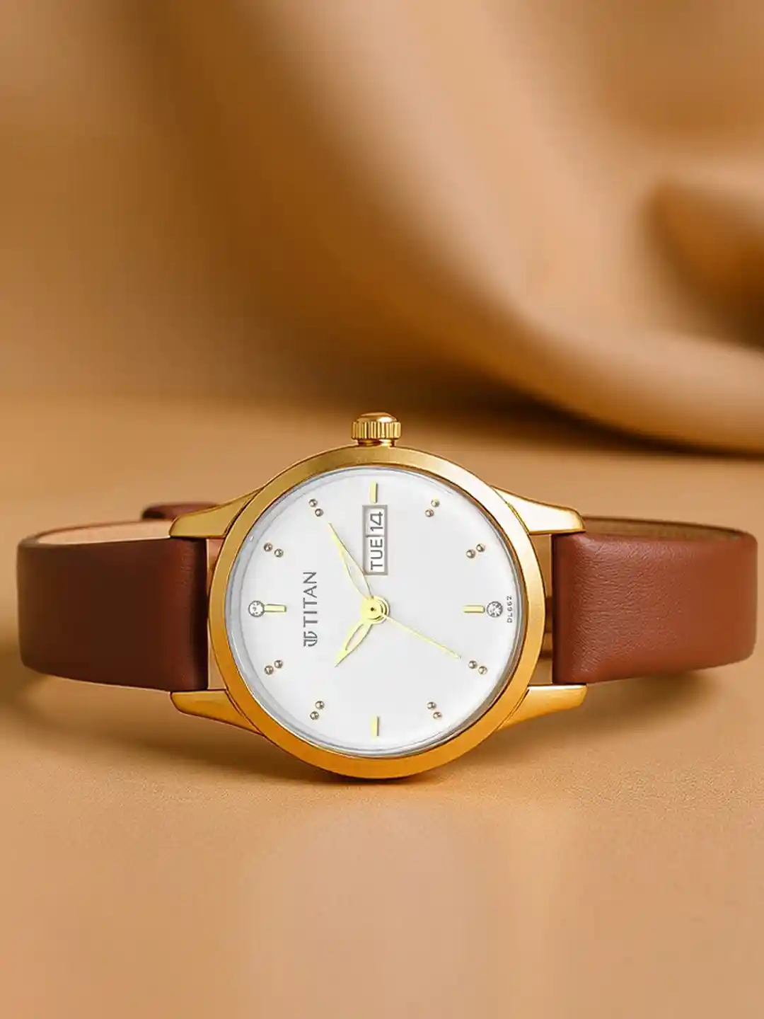 Titan Women White Brass Dial Brown Leather Straps Analogue Watch 2656YL01