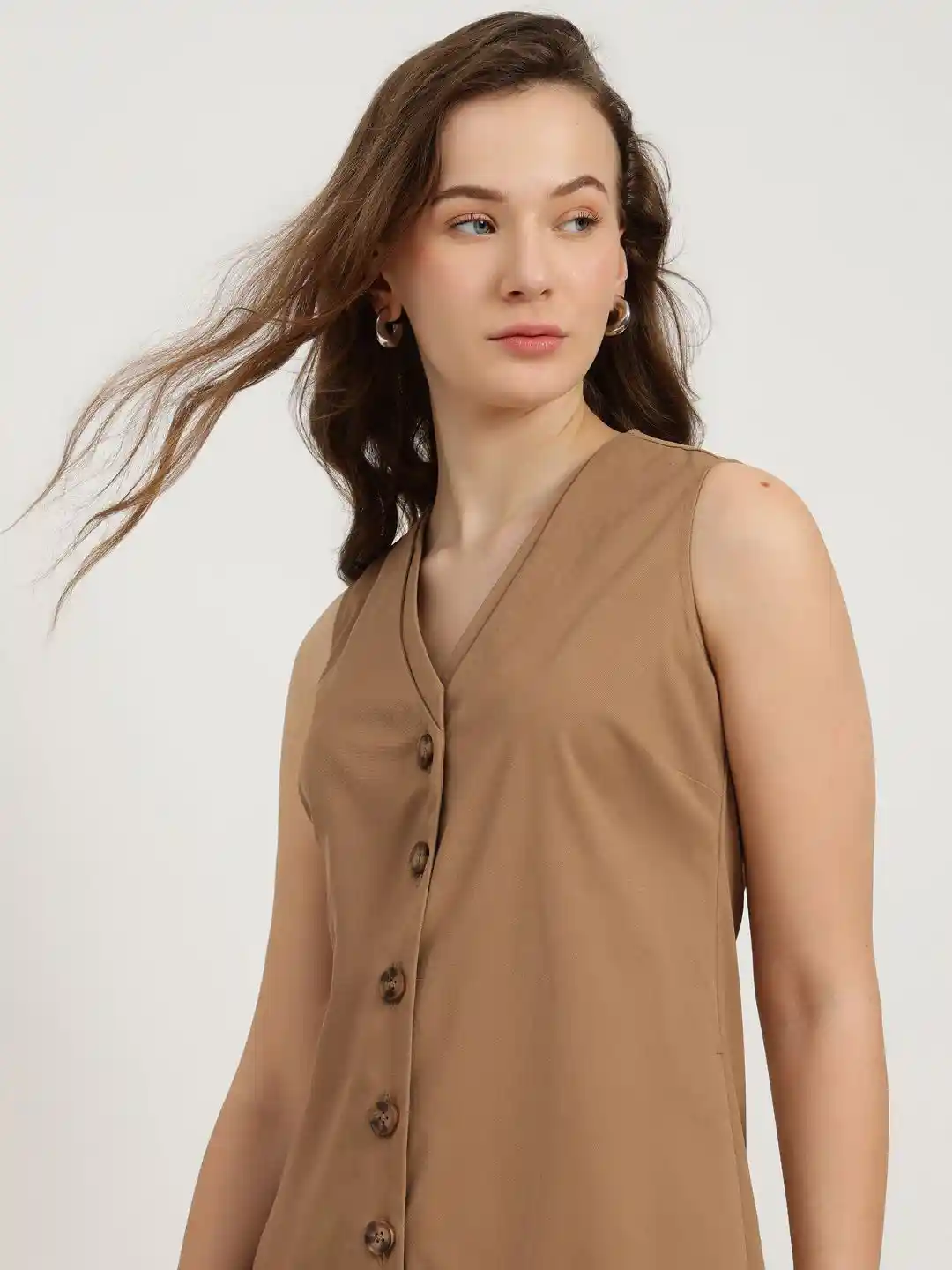 FableStreet Camel V Neck A-Line Midi Dress