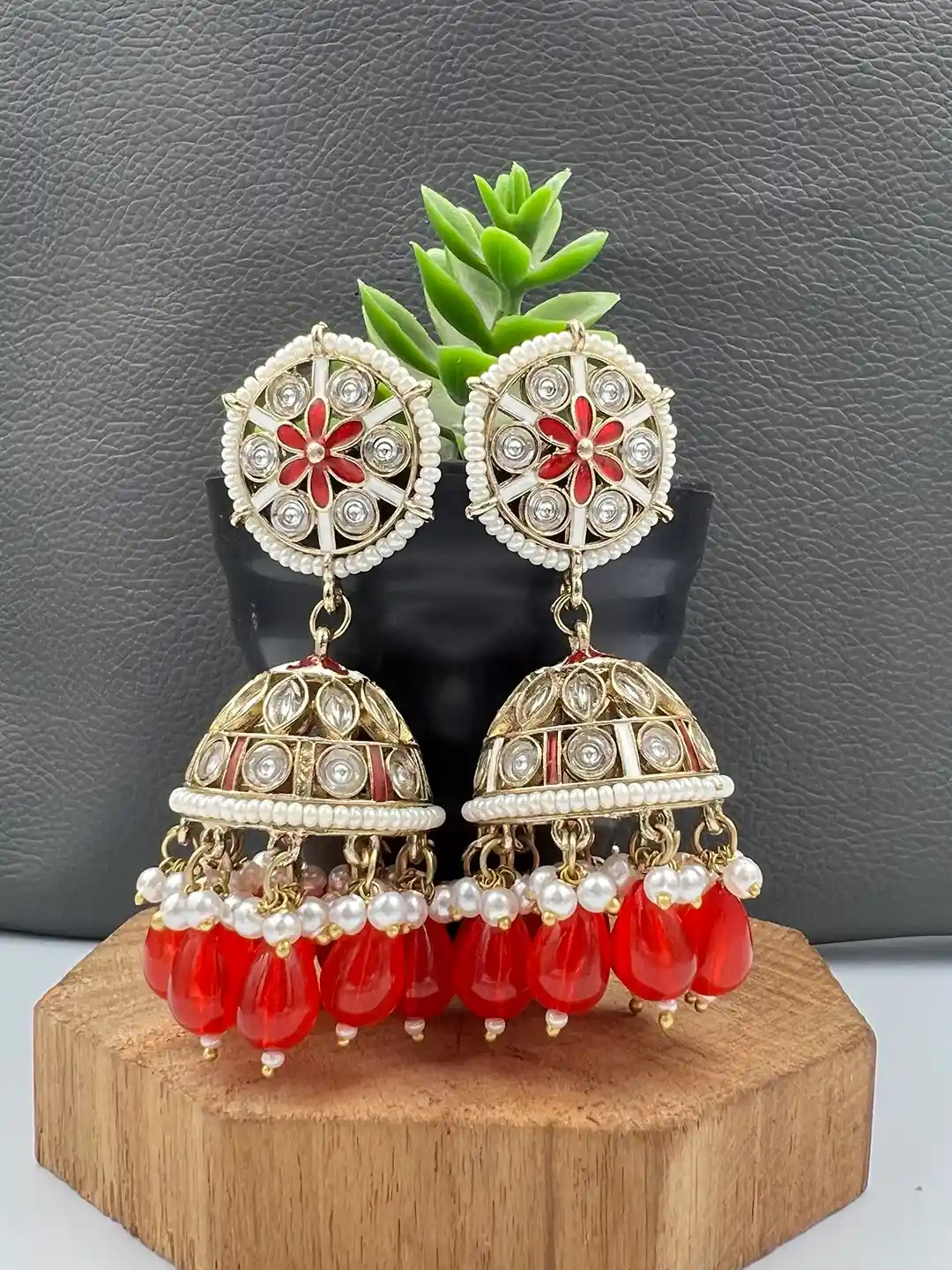 Buy Fashion Theme Women Gold Toned Red White Kundan Jhumka