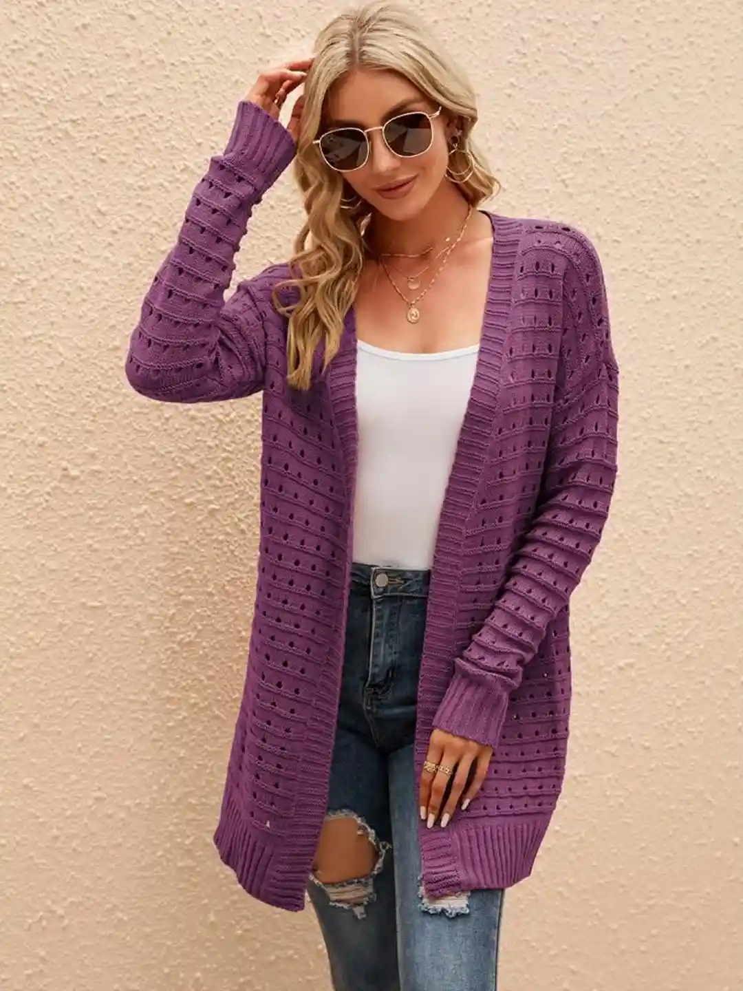 HERE&NOW Women Purple Solid Polyester Ribbed Long Sleeves Cardigan