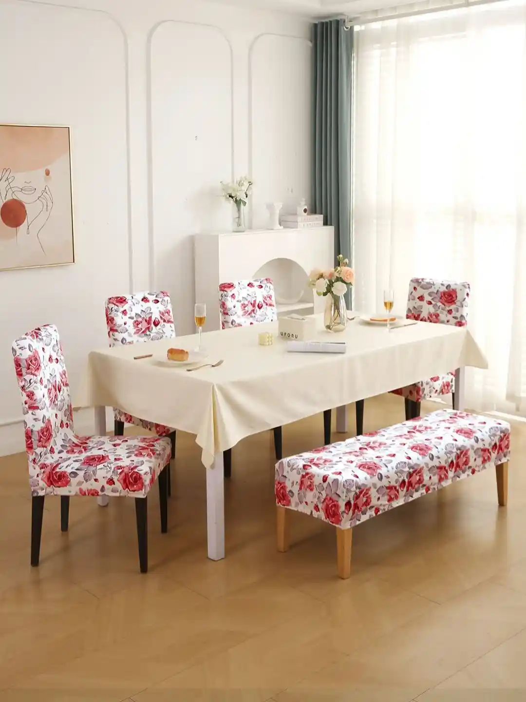 Buy HOKIPO Red White Pieces Floral Printed Velvet Dining Chair