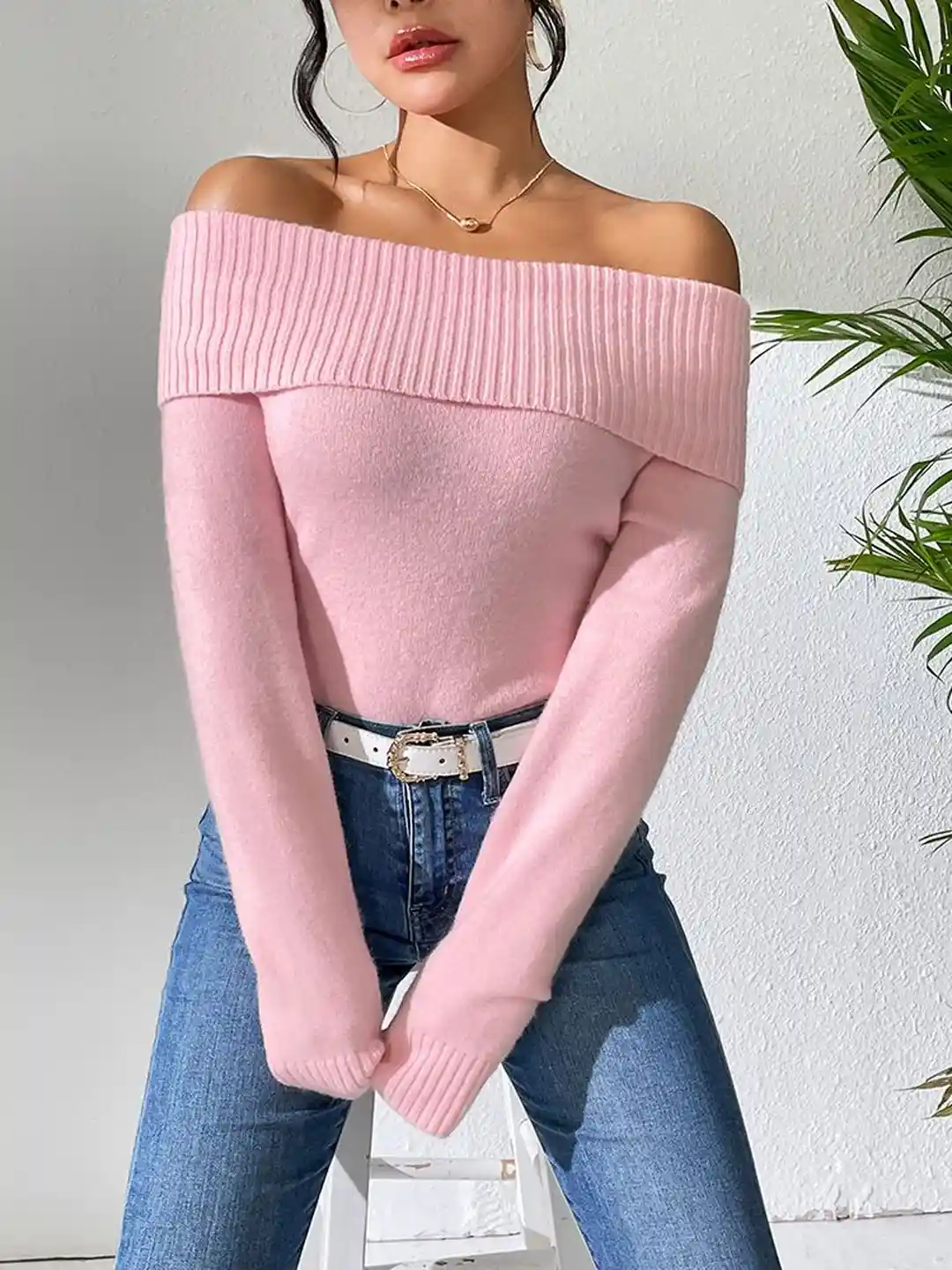 HERE&NOW Women Pink Off-shoulder Sweater