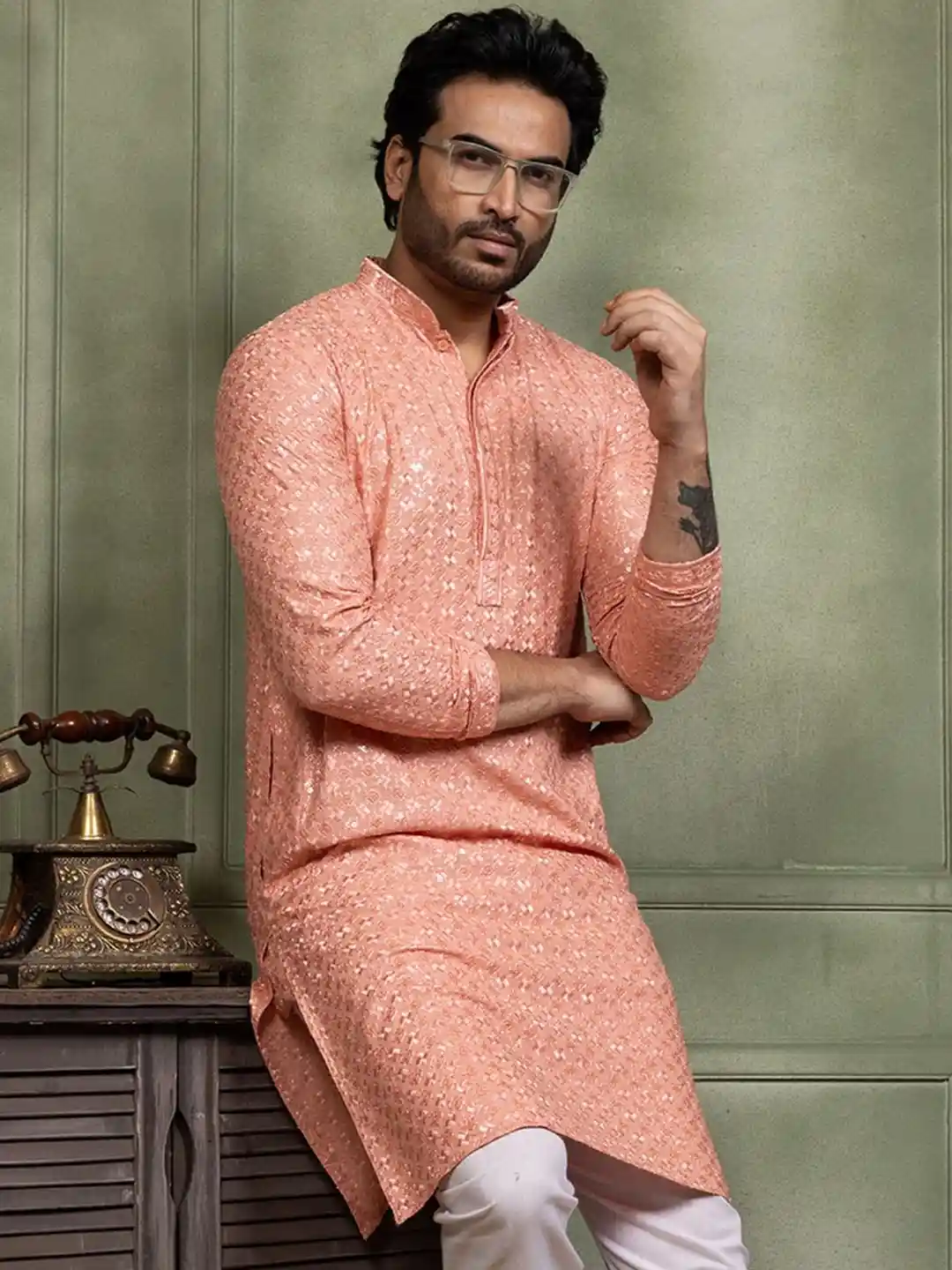 Buy PulseIQ Men Embellished Cotton Silk Straight Kurtas Kurtas