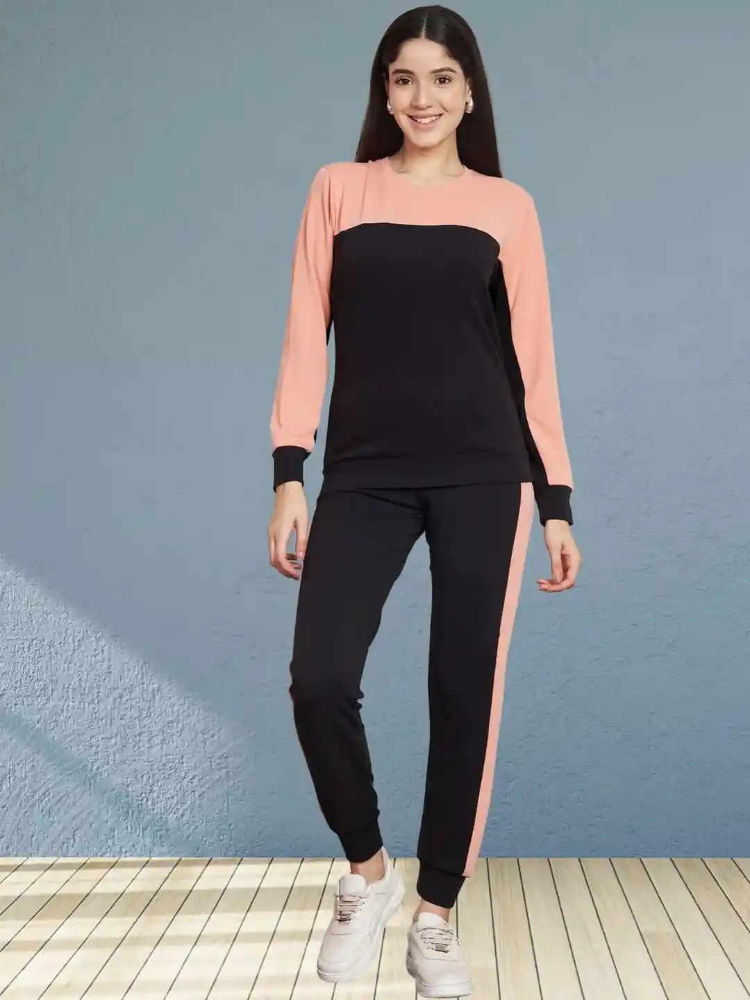 Moda Rapido Women Peach Cotton Lycra Blend Color Block Tracksuit