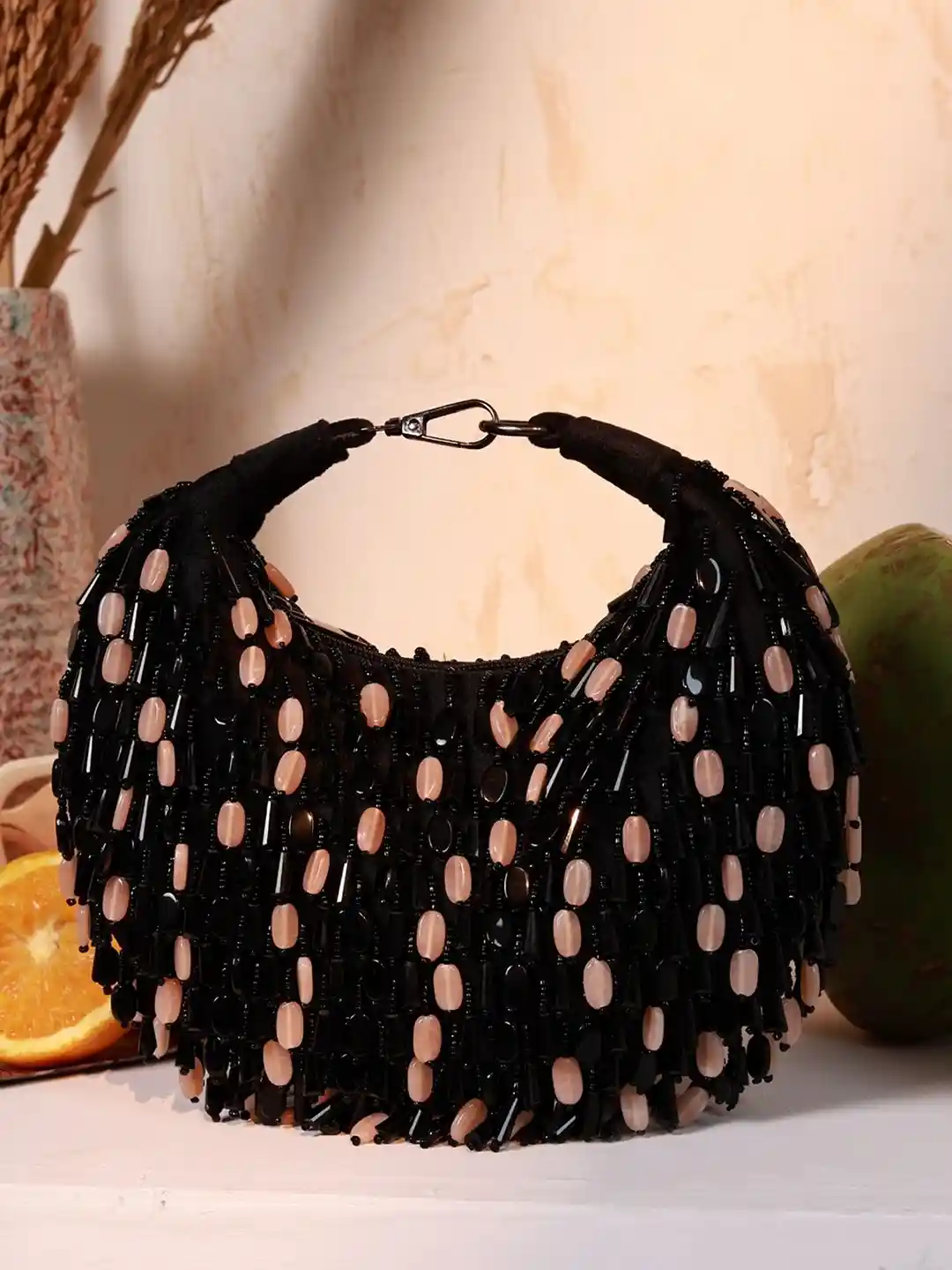 THE TAN CLAN Bella Embroidered Embellished Half Moon Clutch Bag