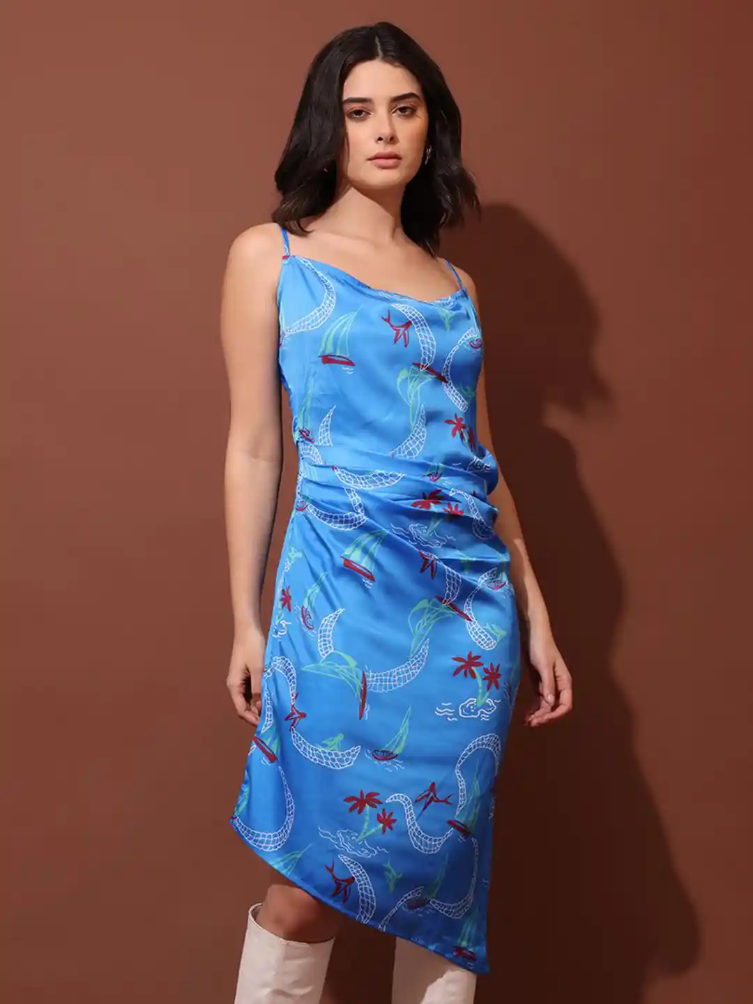 PURVAJA Print Cowl Neck Satin Bodycon Midi Dress