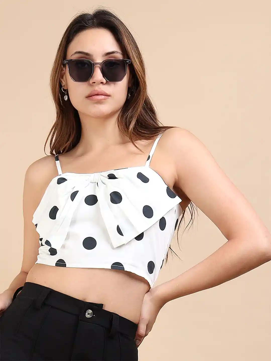 Buy GLAM CHIQUE Women Polka Dot Pleated Crop Top with Spaghetti