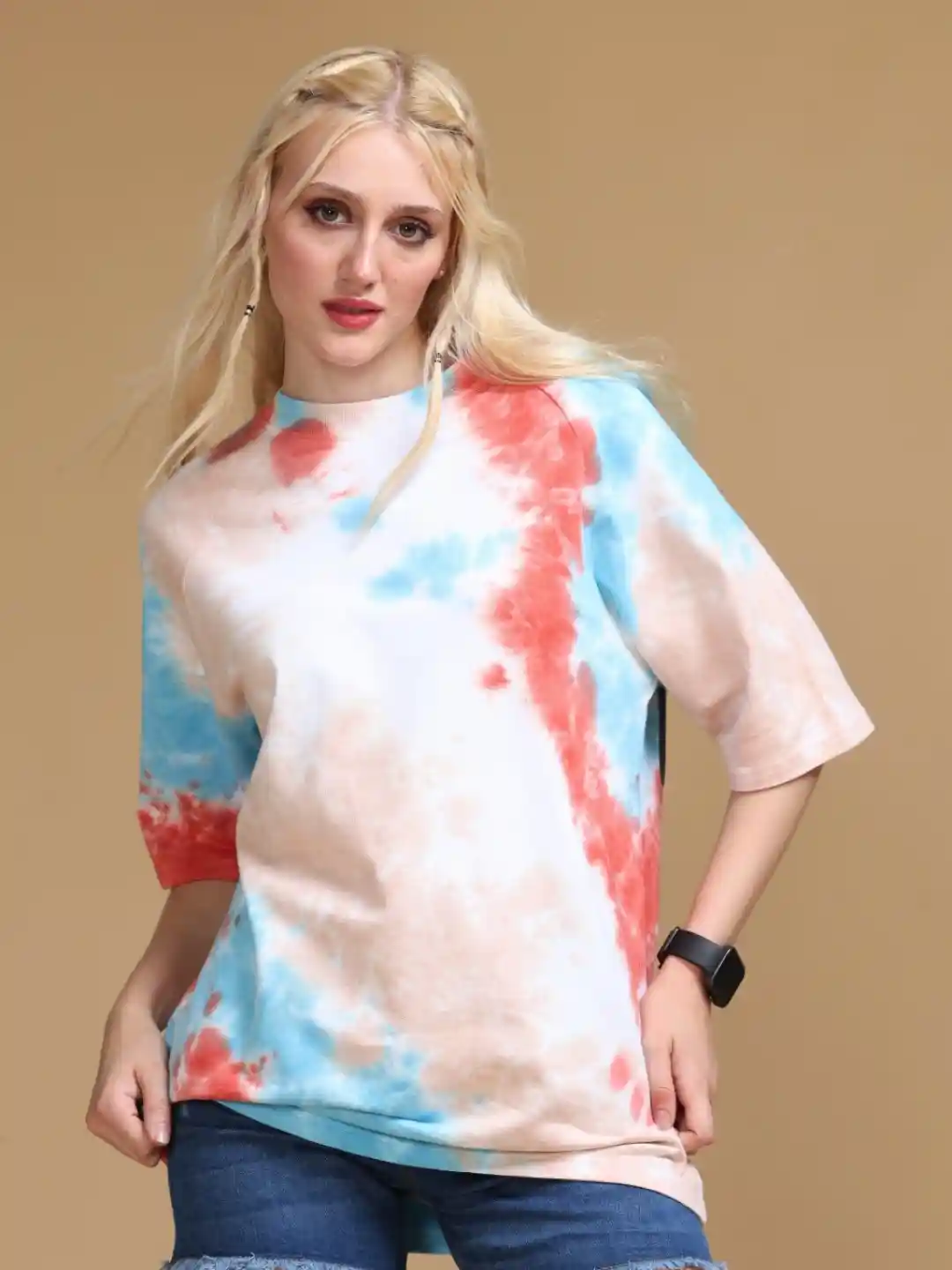 VUDU Tie and Dye Printed Drop-Shoulder Sleeves Oversized Cotton T-shirt