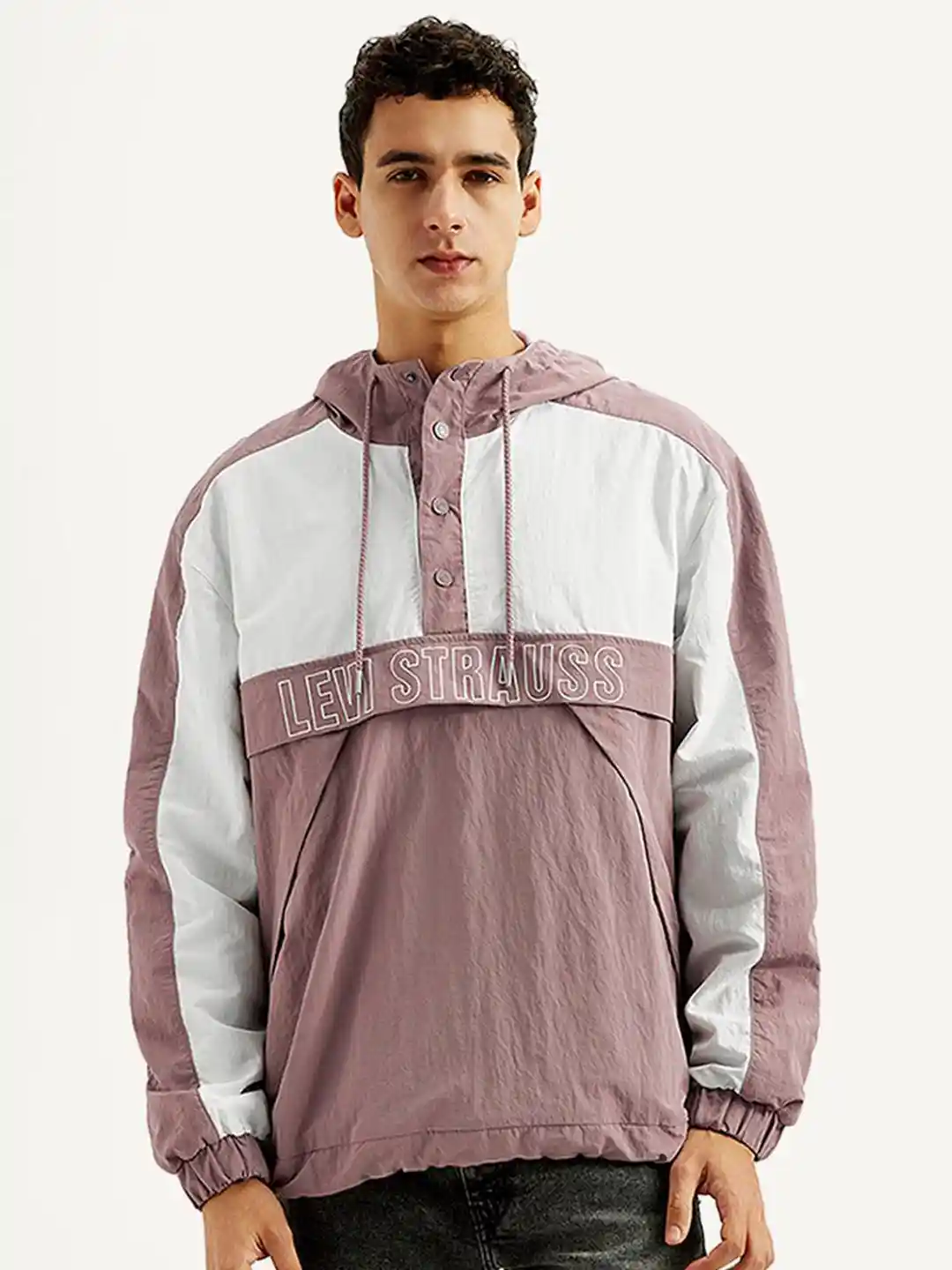 Levis Men Hooded Colourblocked Self Design Sporty Jacket
