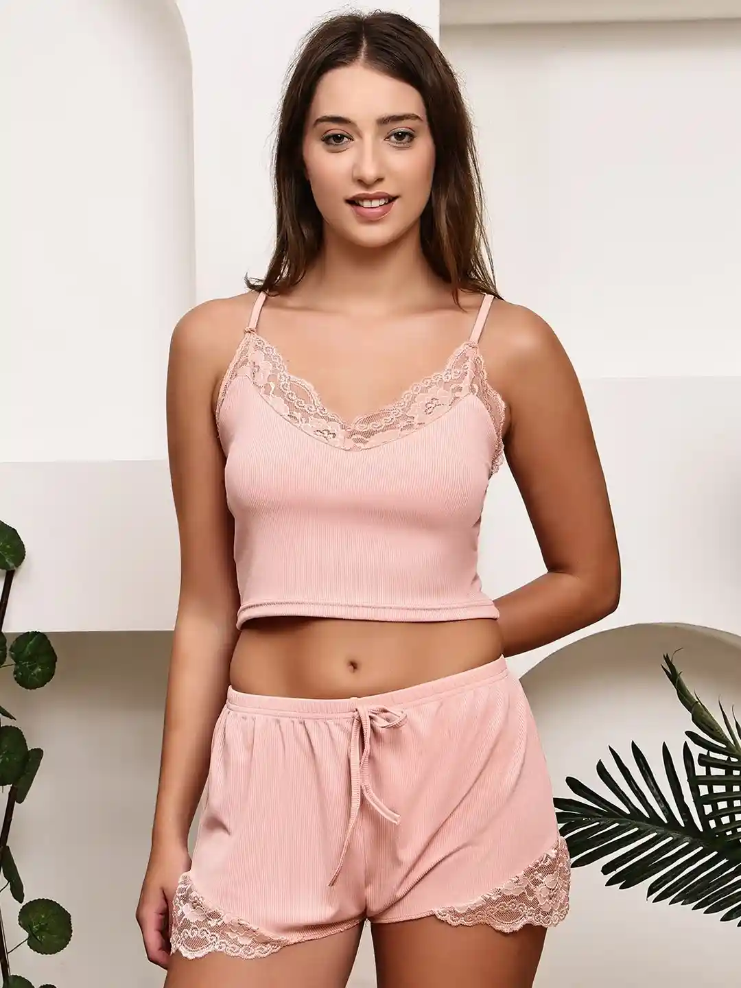 Buy PrettyCat Women Lace Trim Cami Crop Top Shorts Night suit