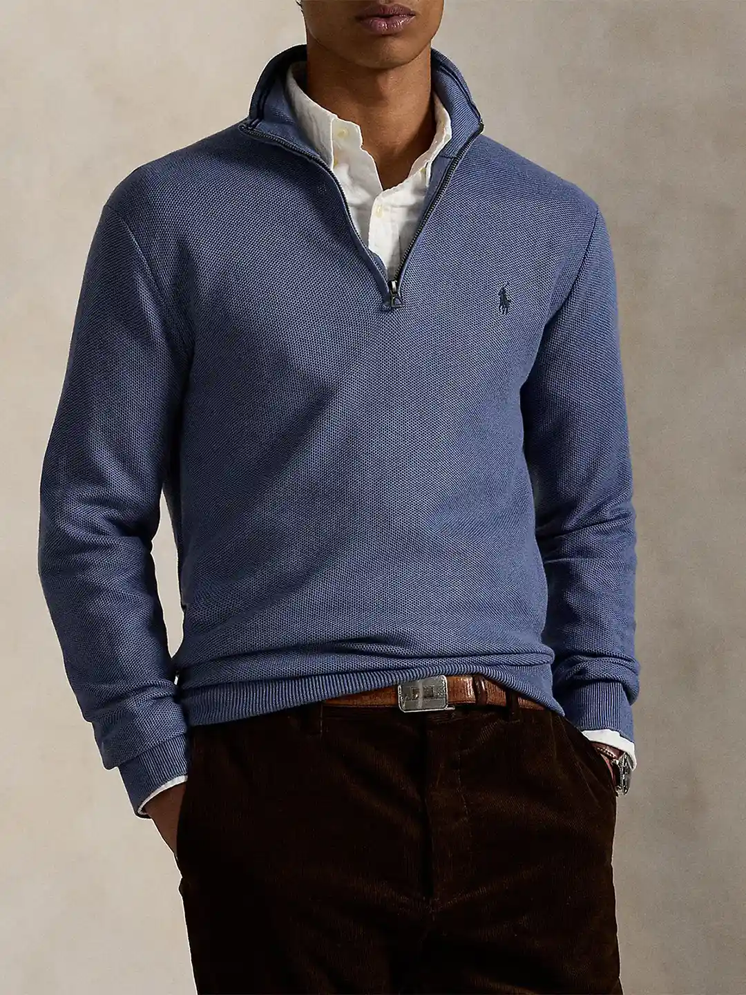 Polo Ralph Lauren Men Blue Mesh-Knit Cotton Quarter-Zip Sweater
