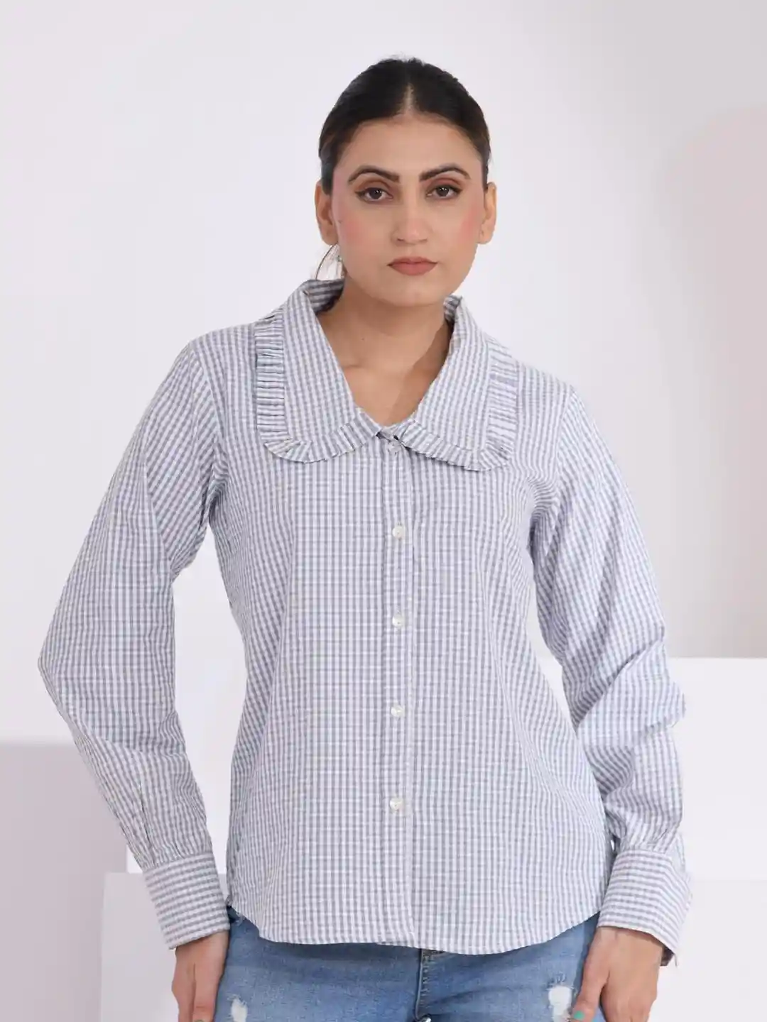 SIDDHO HUM Women Comfort Fit Gingham Checked Peter Pan Collar Cotton Casual  Shirt