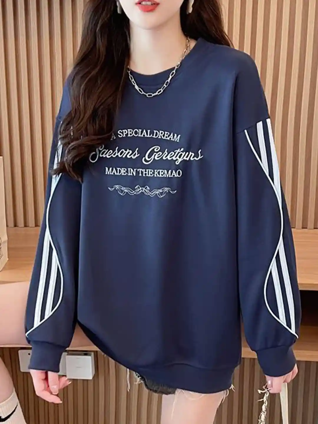 Navy Blue Typography Round Neck Sweatshirt