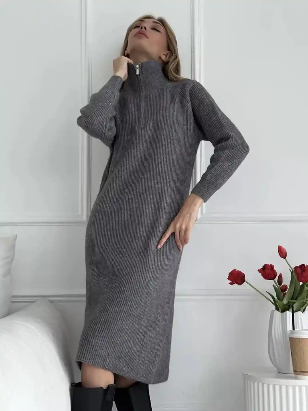 Buy bebe Grey Ribbed Knit Collar Half-Zip Closure Midi Sweater