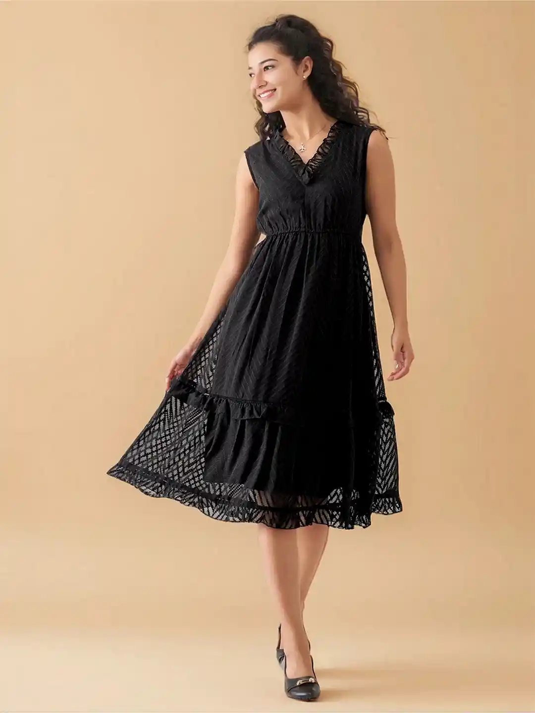 Buy AASK Women's Black Self Design Crepe Fit and Flare Calf Length