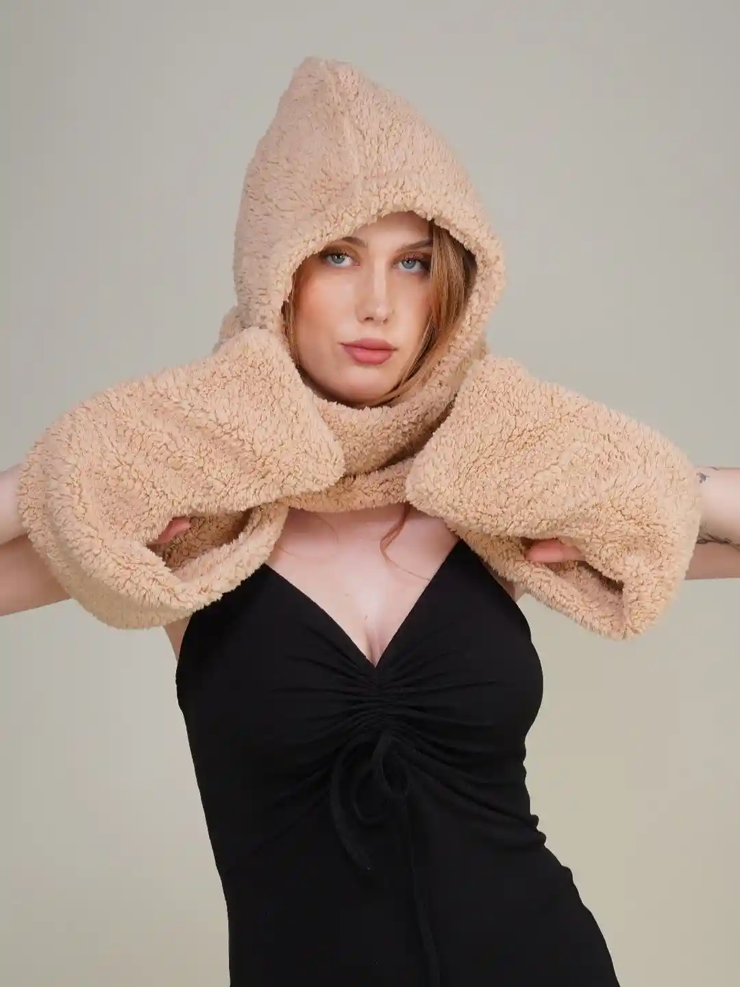 TOMKOT Women Camel Brown Wool Scarf Ear Cap