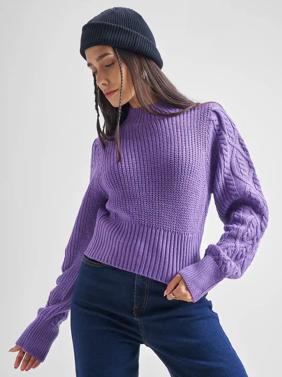 Buy Tokyo Talkies Purple Cable Knit Mock Collar Long Sleeves