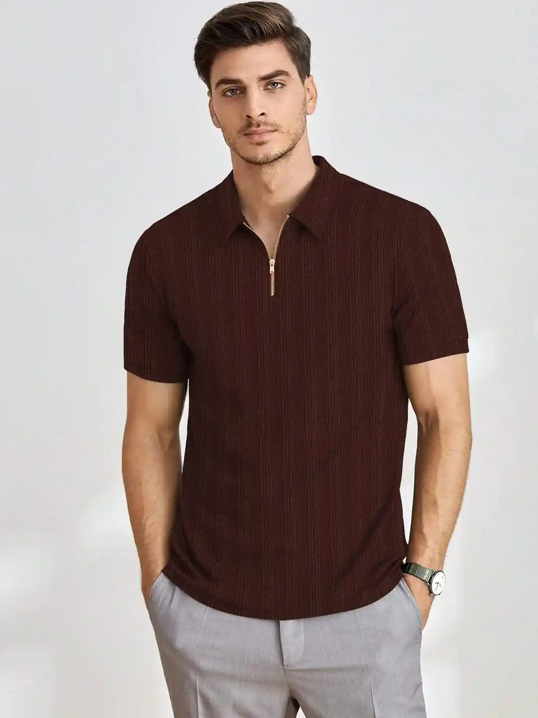 Buy COMBRAIDED Men Coffee Brown Polo Collar T-shirt Tshirts for