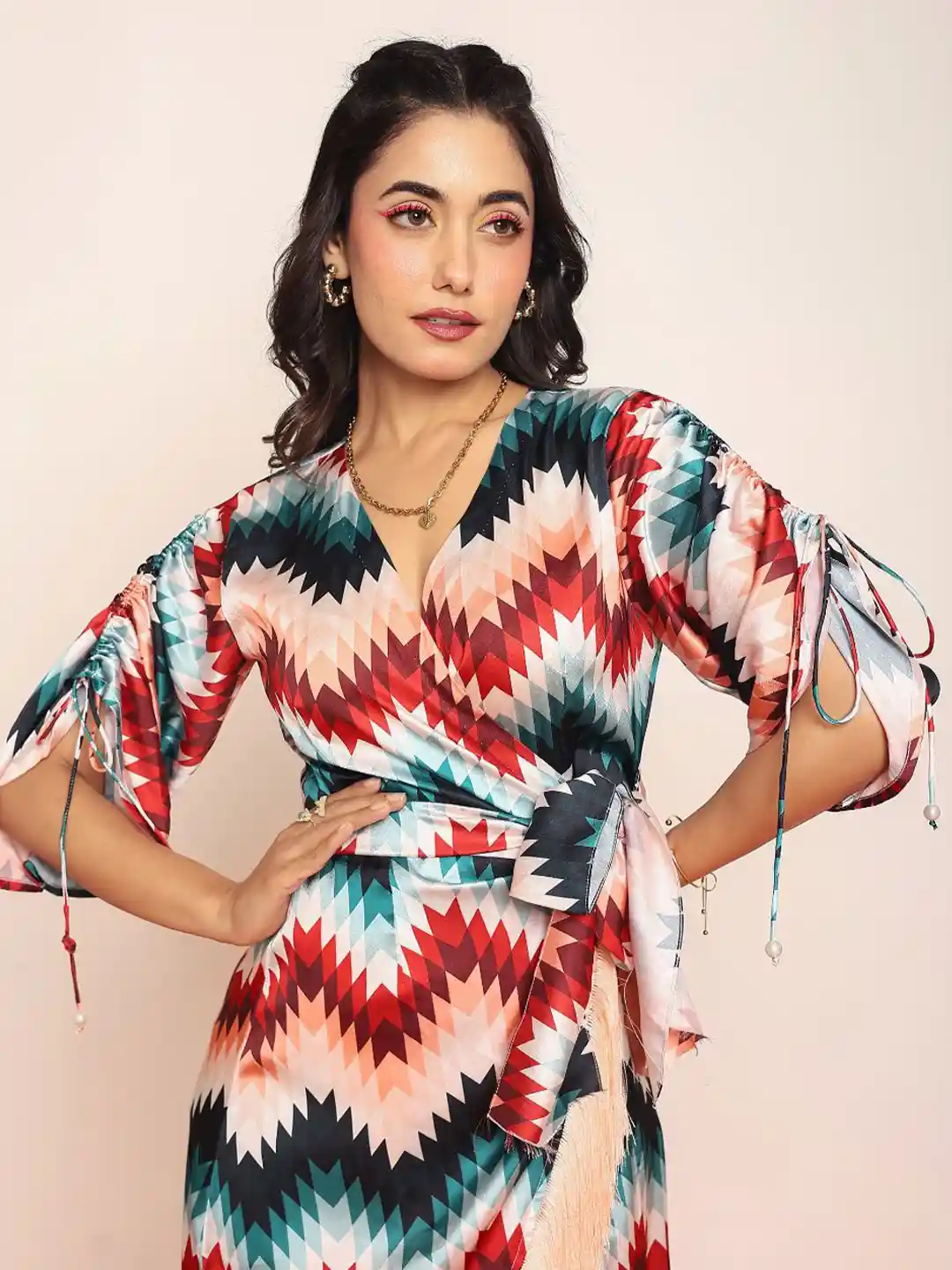 Buy LOVEPRASHA Women Geometric Print Puff Sleeve Fringed Satin
