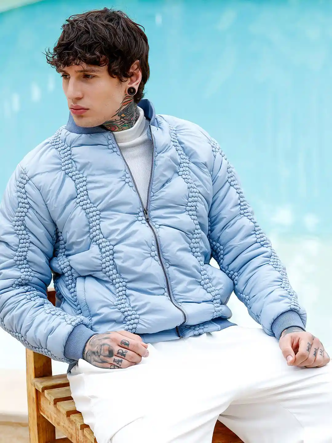 Campus Sutra Men Mandarin Collar Self Design Lightweight Bomber Jacket