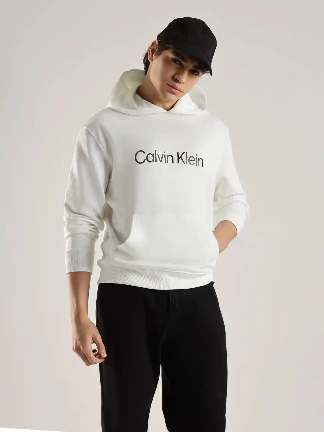 Calvin Klein Jeans Men Brand Logo Printed Hooded Cotton Pullover Sweatshirt