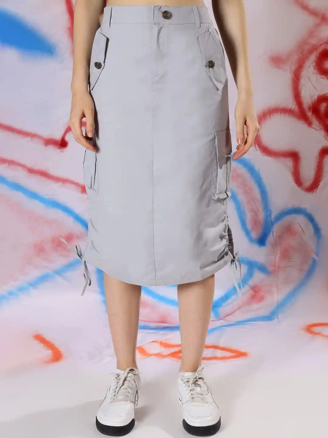 HERE&NOW Women Grey Cotton Elastic Waist Zip Closure Knee-Length Skirt