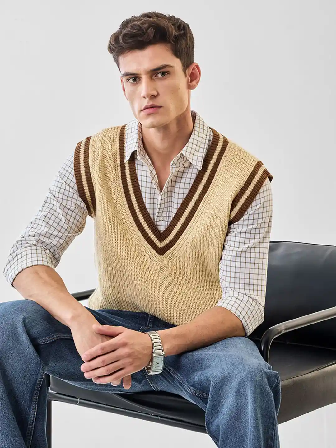 Buy Snitch Men Striped Self Design Sleeveless V-Neck Sweater Vest