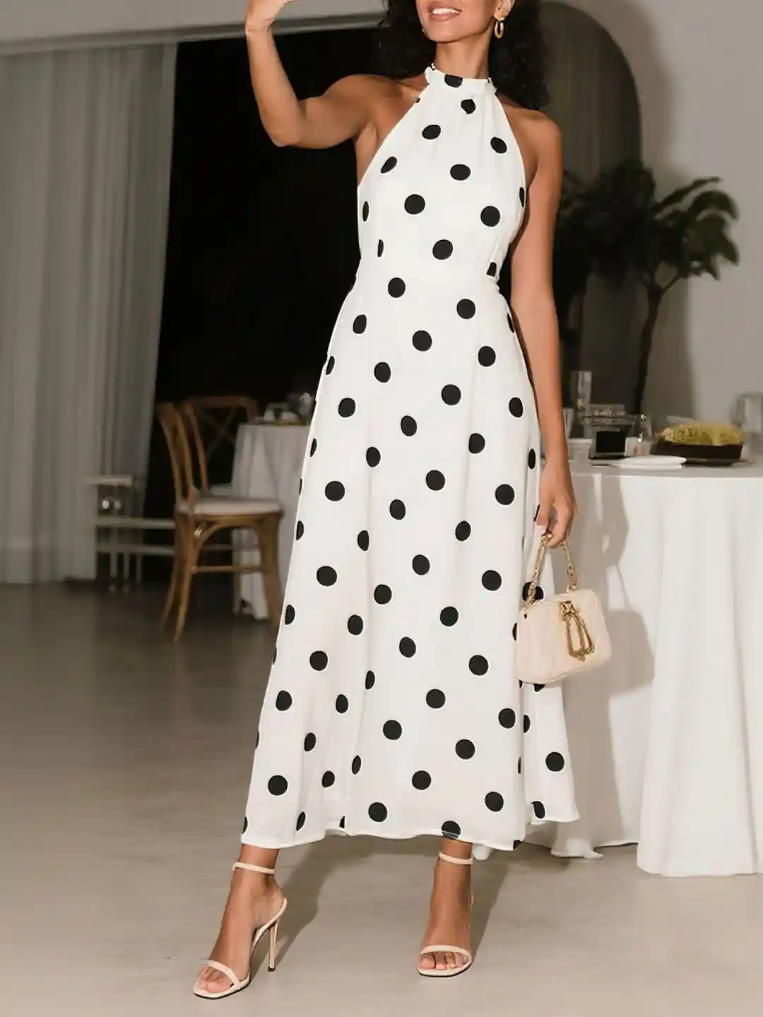 bebe Women Polka Dots Printed Halter Neck A-Line Midi Dresses
