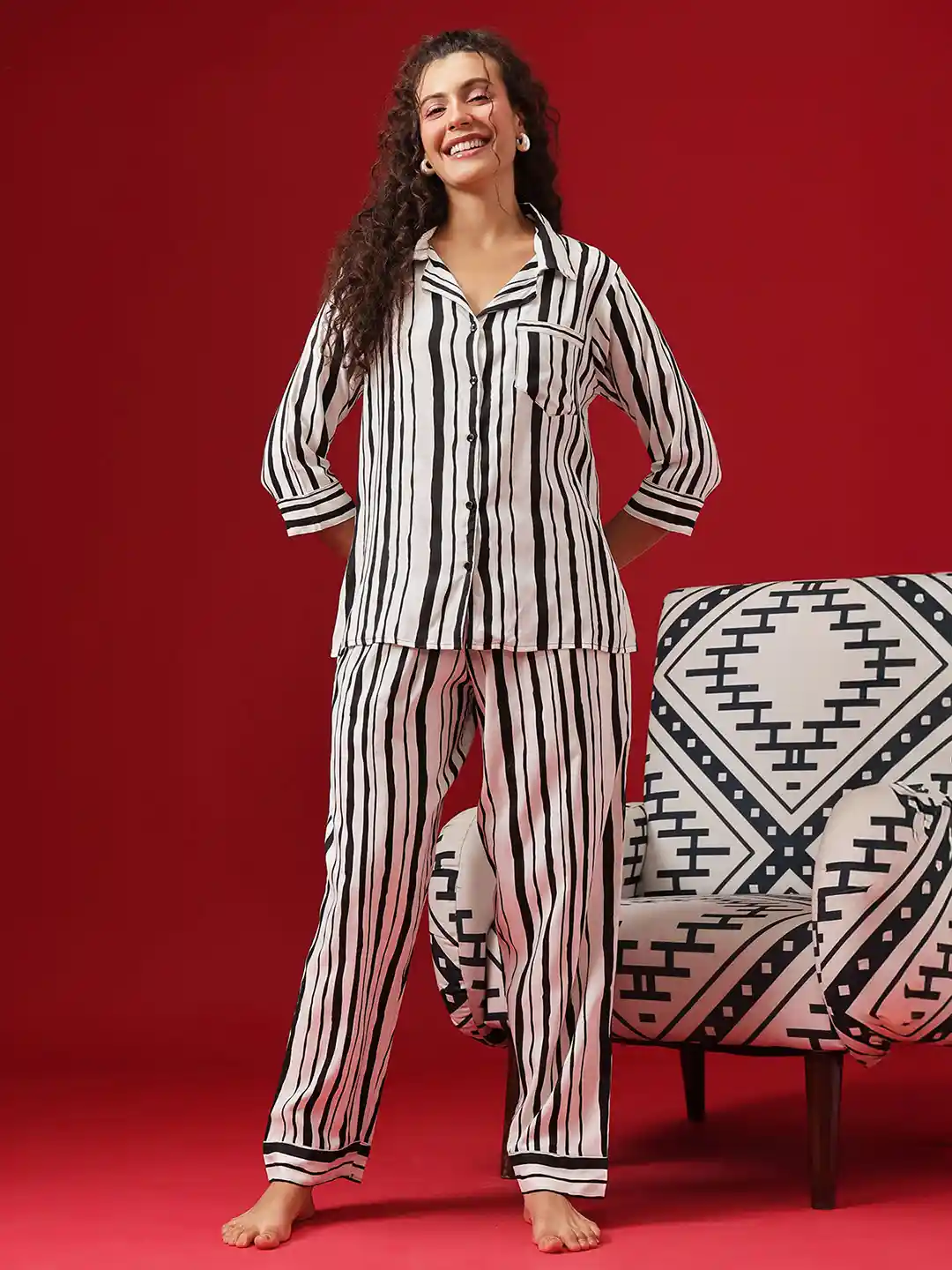 Buy Clovia Women White Black Striped Night Suit Night suits