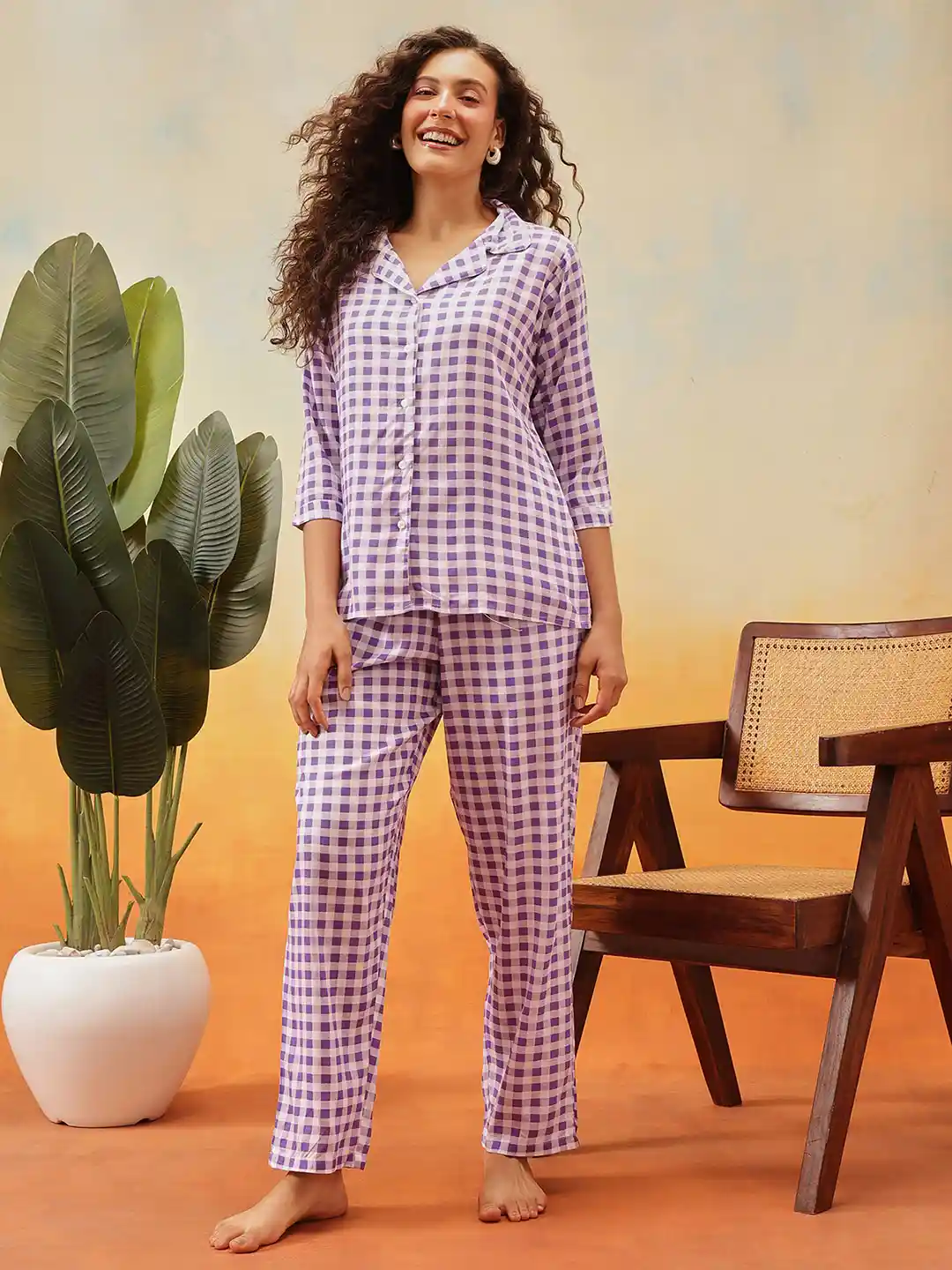 Buy Clovia Classic Checks Cotton Button Me Down Shirt Pyjama Set