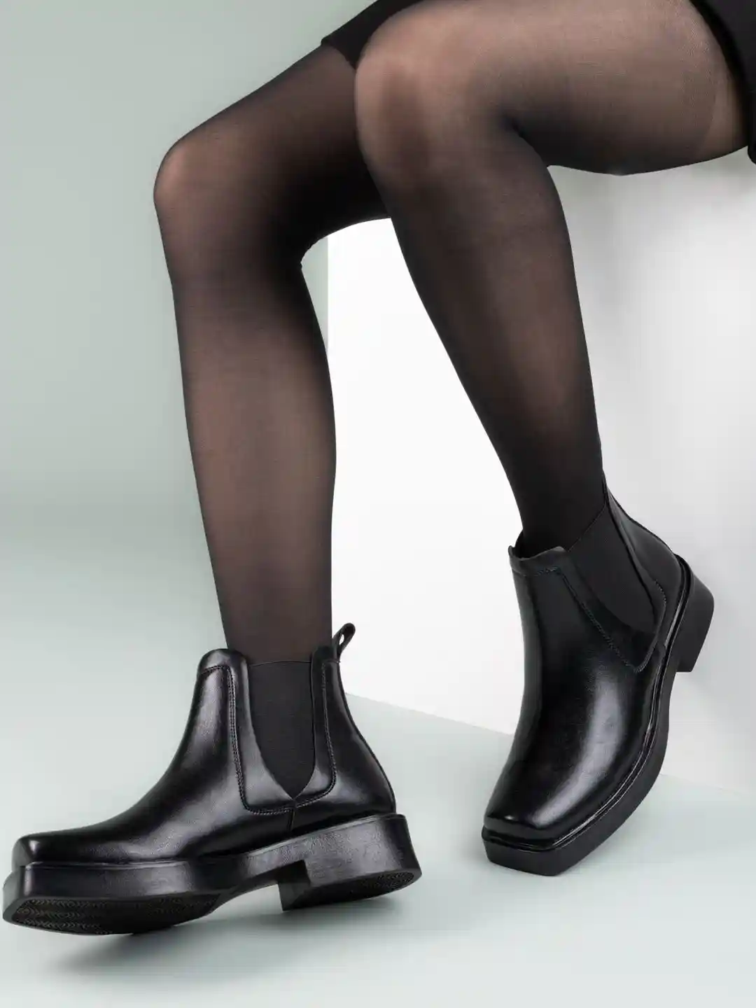 Roadster Women Black Mid Top Square Toe Synthetic Slip On Chelsea Boots