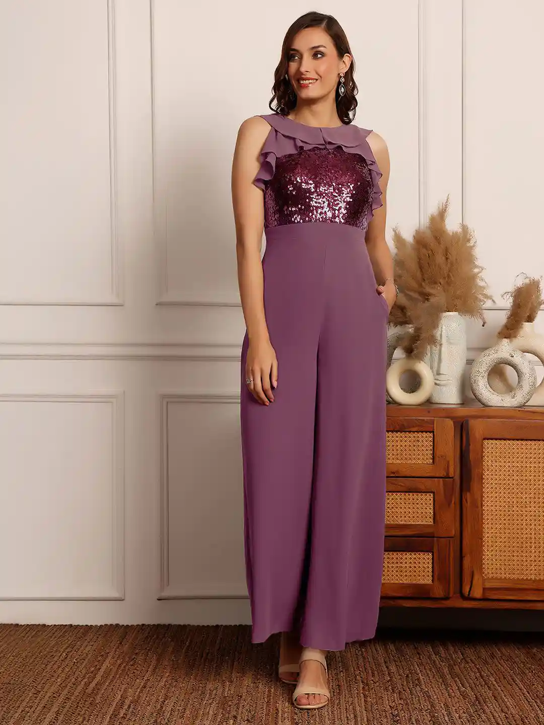 Women's Sleeveless Embellished Ruffle-Styled Regular-Length Jumpsuit