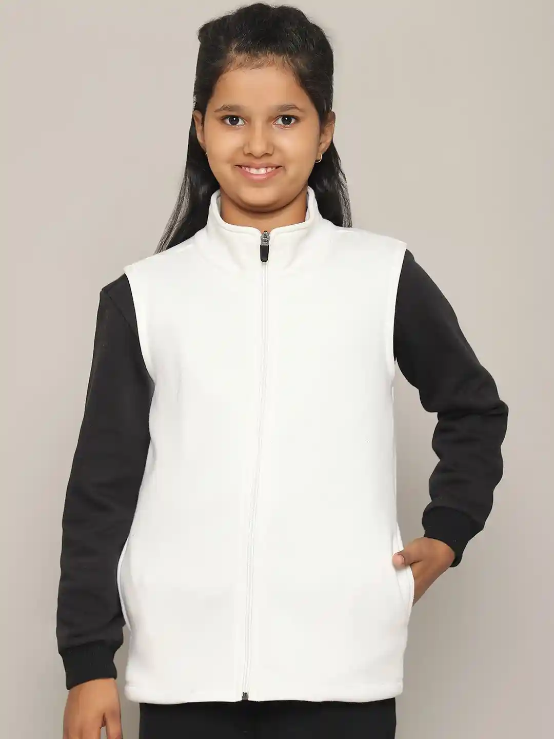 MOONAAH Girls White Cotton Open Front Jacket