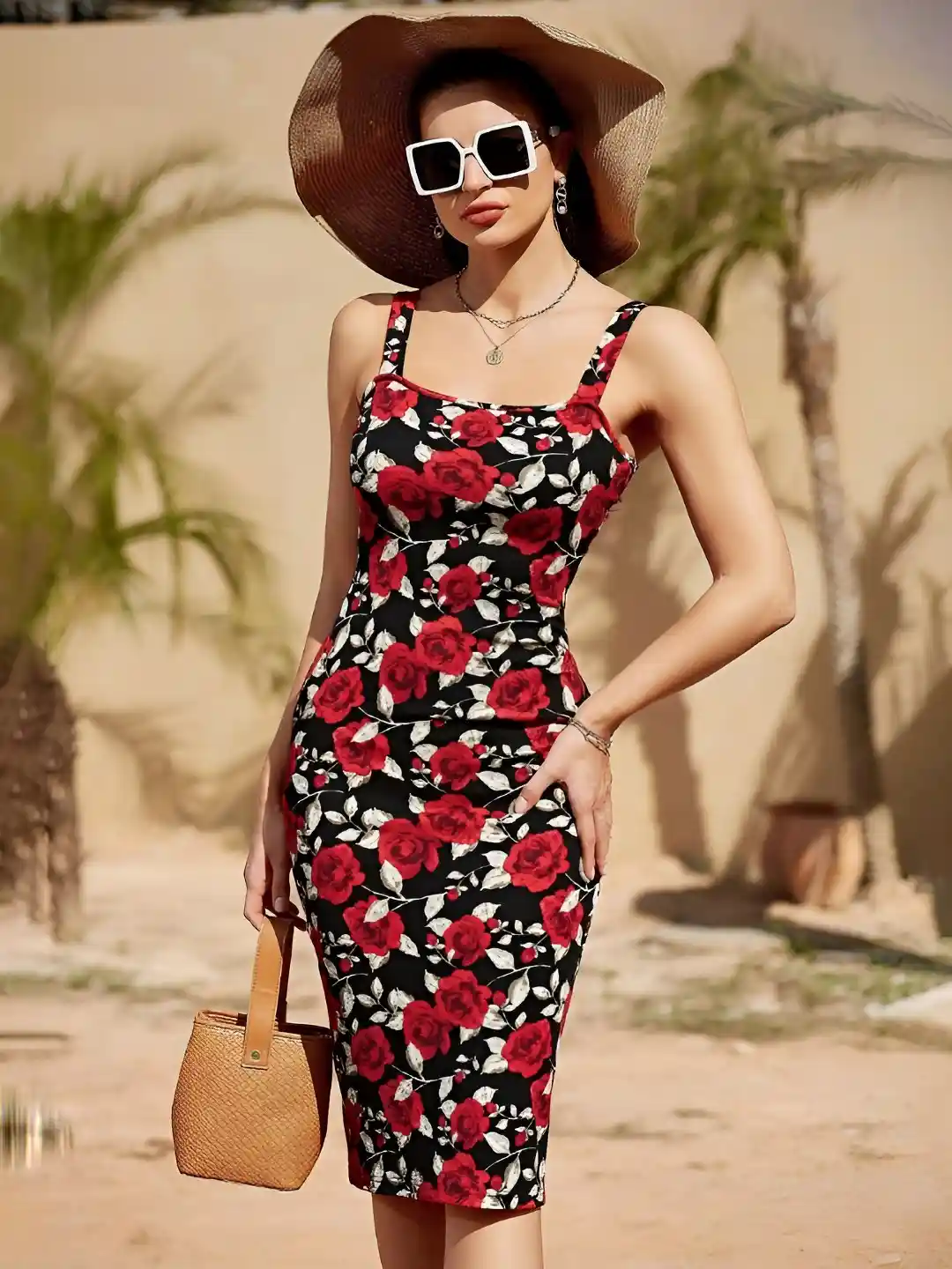 Black and Red Floral Print Midi Bodycon Dress